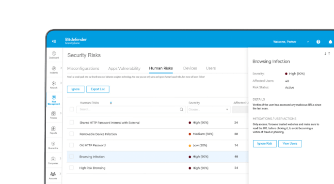 GravityZone security risks dashboard showing potential vulnerabilities and solutions