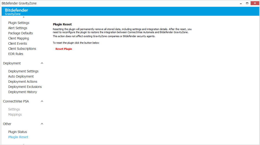 Plugin Reset page in ConnectWise Automate integration